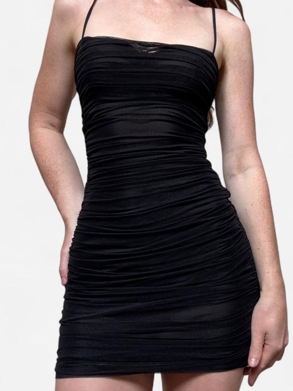 Aritzia Babaton Black Ruched Mini Slip Dress with Thin Straps